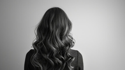 Fototapeta premium Elegant Woman with Long Wavy Hair Facing Away Against Minimalist Gray Background