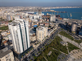 Naklejka premium Aerial drone view of the coastal city named Durres in Albania.