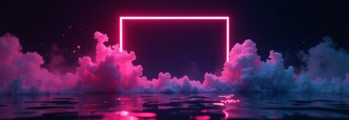 pink neon glowing square frame with Smoke explosion on   black background,  Abstract  glowing text frame  for sales event. black friday, copy space.