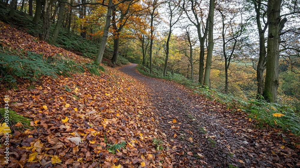 Poster enchanting forest path blanketed with vibrant autumn leaves inviting nature walks and scenic views f