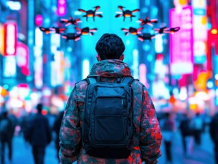 Fototapeta premium Exploring the Future A Droning Adventure Through Neon Cityscapes and Technology's Role in Modern Life