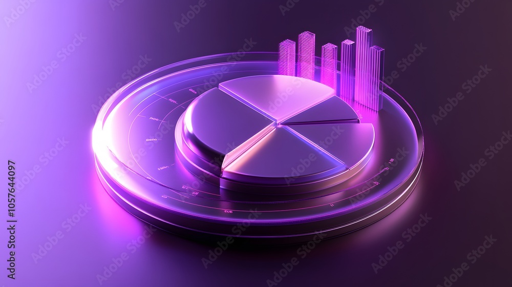 Poster cute isometric 3d image of 3d pie chart and bar chart in realistic metallic silver illuminated by ne