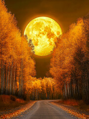 Fototapeta premium A vibrant full moon rises over a winding forest road lined with autumn trees in vivid orange and yellow hues