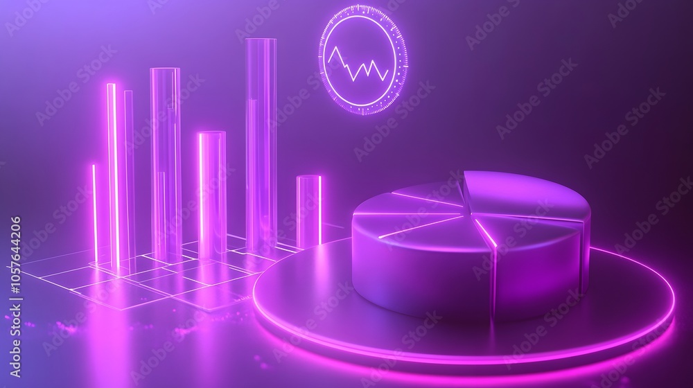Poster cute isometric 3d image of 3d pie chart and bar chart in realistic metallic silver illuminated by ne