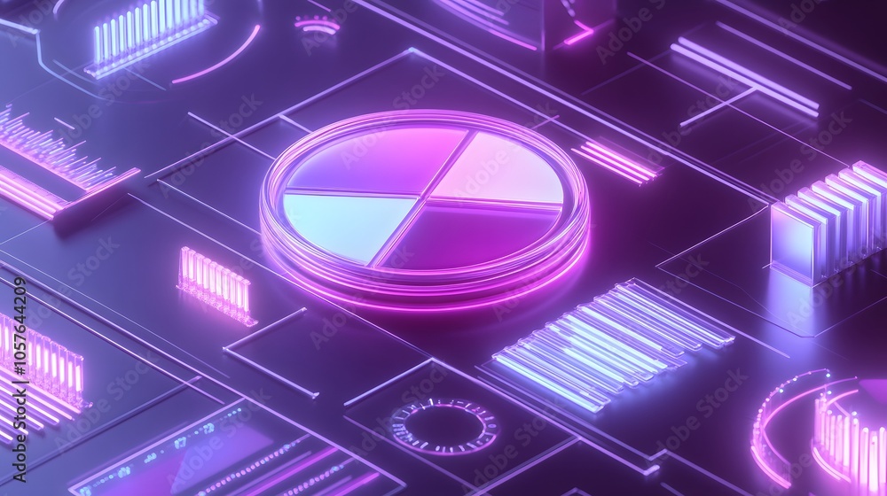 Poster cute isometric 3d image of 3d pie chart and bar chart in realistic metallic silver illuminated by ne