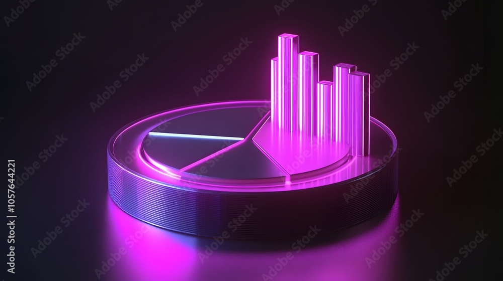 Poster cute isometric 3d image of 3d pie chart and bar chart in realistic metallic silver illuminated by ne