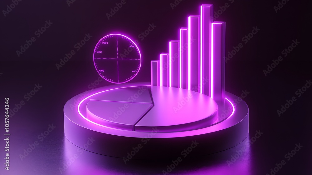 Poster cute isometric 3d image of 3d pie chart and bar chart in realistic metallic silver illuminated by ne