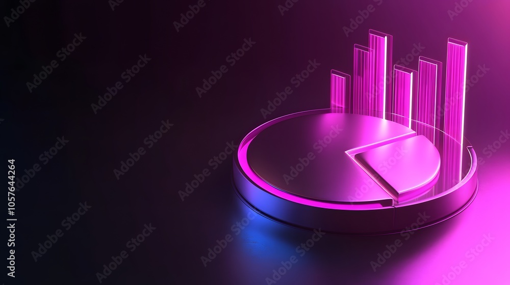 Poster cute isometric 3d image of 3d pie chart and bar chart in realistic metallic silver illuminated by ne