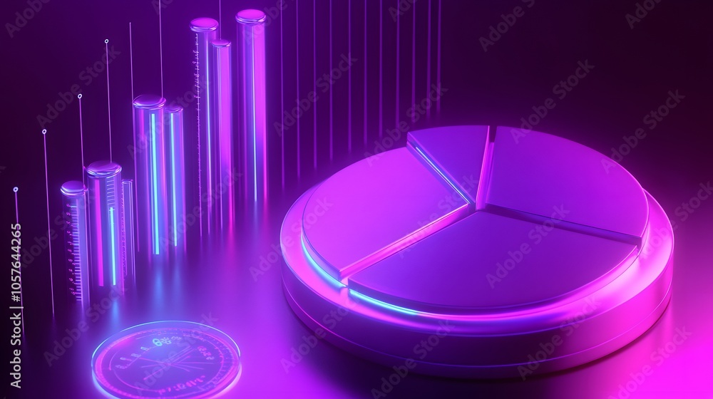 Poster cute isometric 3d image of 3d pie chart and bar chart in realistic metallic silver illuminated by ne