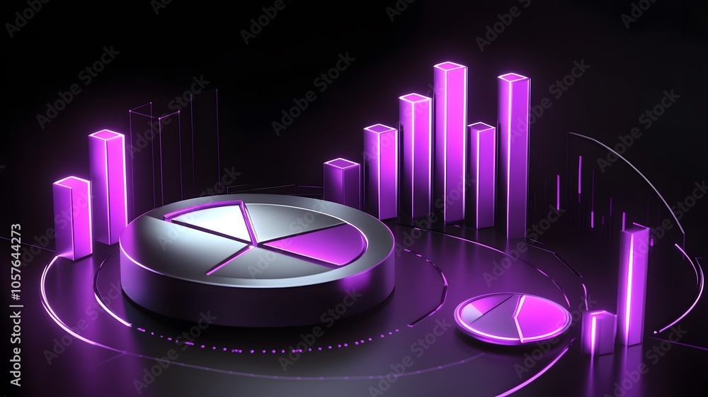 Poster cute isometric 3d image of 3d pie chart and bar chart in realistic metallic silver illuminated by ne