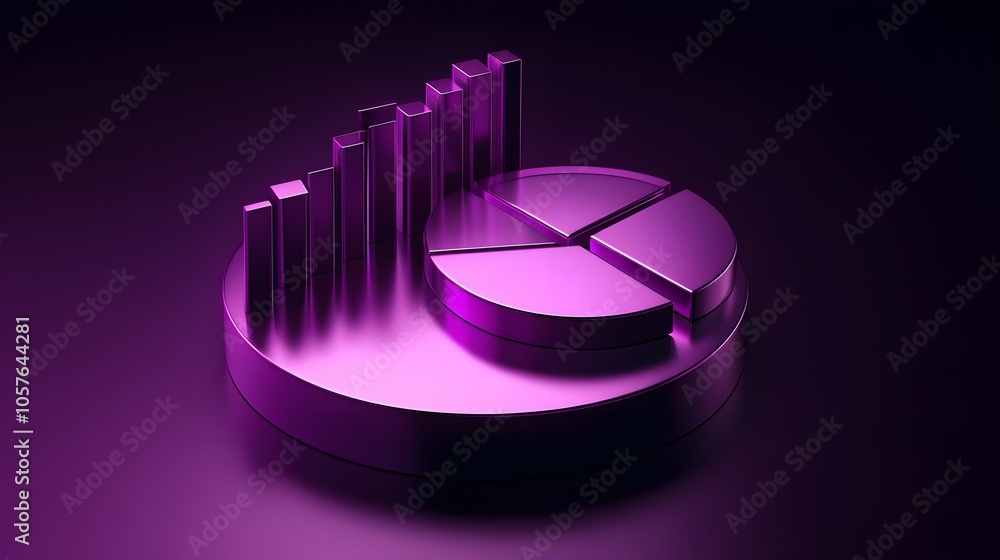 Poster cute isometric 3d image of 3d pie chart and bar chart in realistic metallic silver illuminated by ne