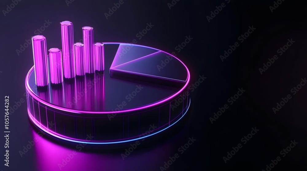 Poster cute isometric 3d image of 3d pie chart and bar chart in realistic metallic silver illuminated by ne
