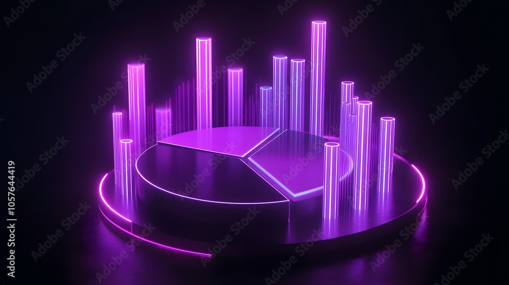 Aufkleber cute isometric 3d image of 3d pie chart and bar chart in realistic metallic silver illuminated by ne