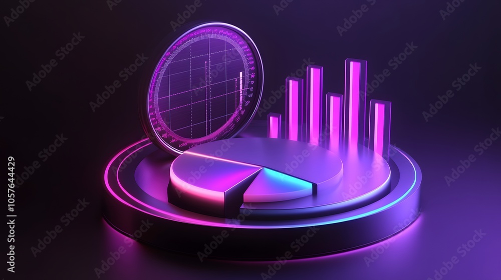 Poster cute isometric 3d image of 3d pie chart and bar chart in realistic metallic silver illuminated by ne