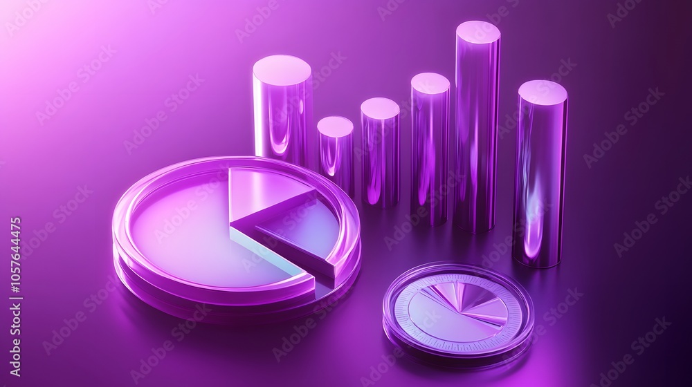 Poster cute isometric 3d image of 3d pie chart and bar chart in realistic metallic silver illuminated by ne