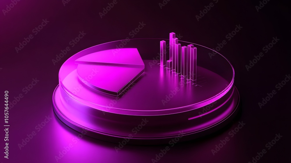 Poster cute isometric 3d image of 3d pie chart and bar chart in realistic metallic silver illuminated by ne