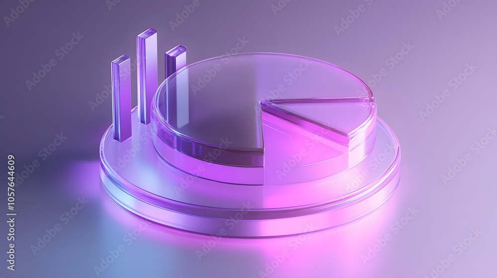 Poster cute isometric 3d image of 3d pie chart and bar chart in realistic metallic silver illuminated by ne