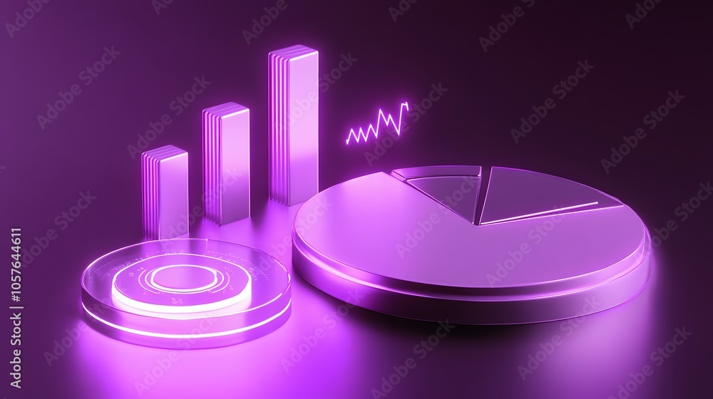 Poster cute isometric 3d image of 3d pie chart and bar chart in realistic metallic silver illuminated by ne