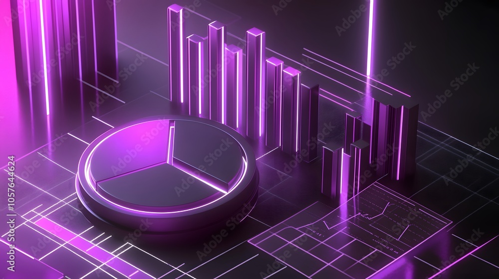 Aufkleber cute isometric 3d image of 3d pie chart and bar chart in realistic metallic silver illuminated by ne