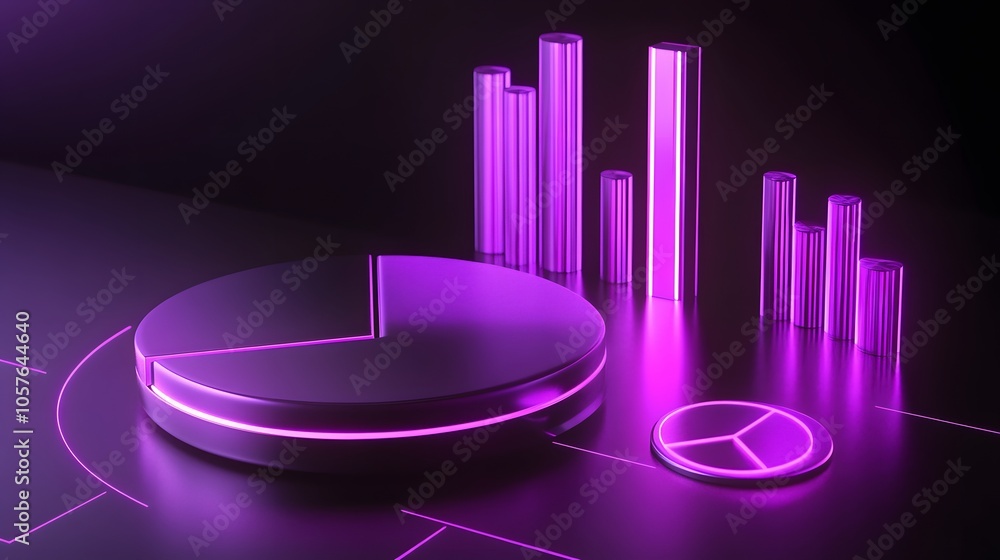 Poster cute isometric 3d image of 3d pie chart and bar chart in realistic metallic silver illuminated by ne