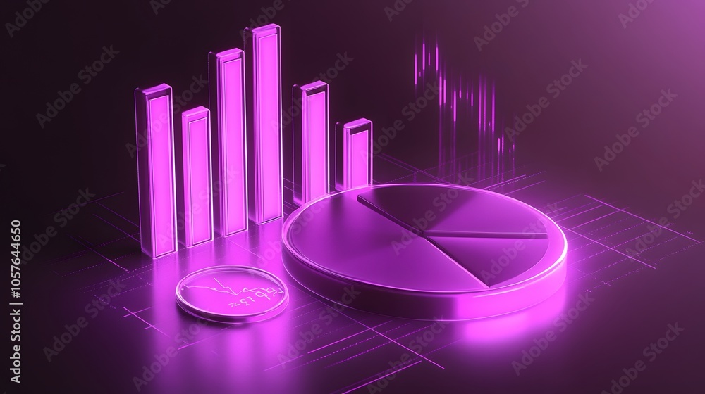 Poster cute isometric 3d image of 3d pie chart and bar chart in realistic metallic silver illuminated by ne