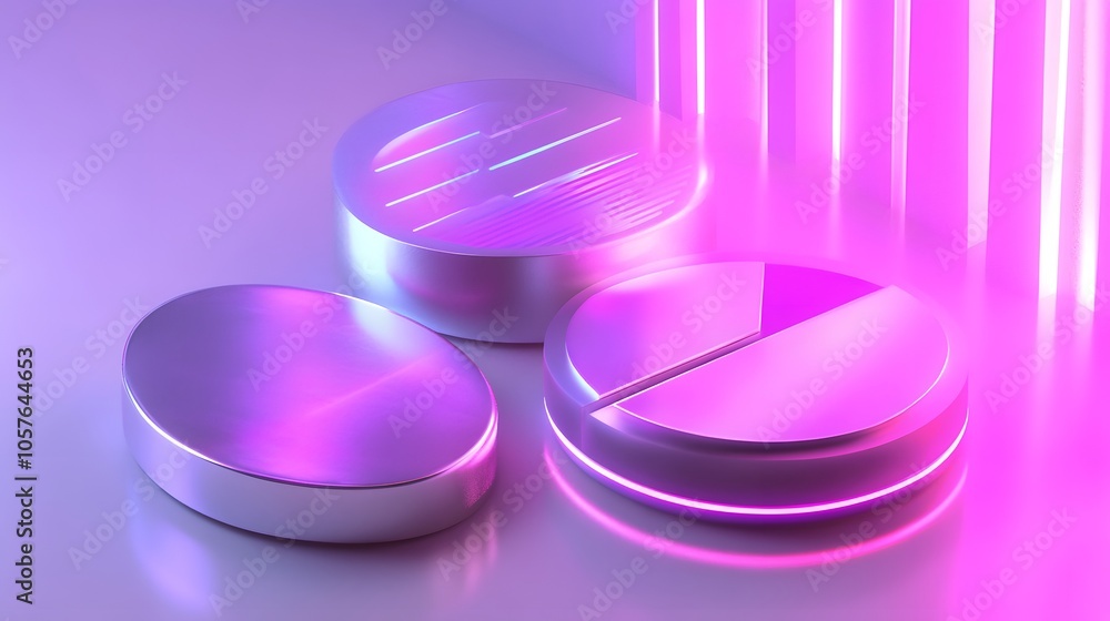 Poster cute isometric 3d image of 3d pie chart and bar chart in realistic metallic silver illuminated by ne