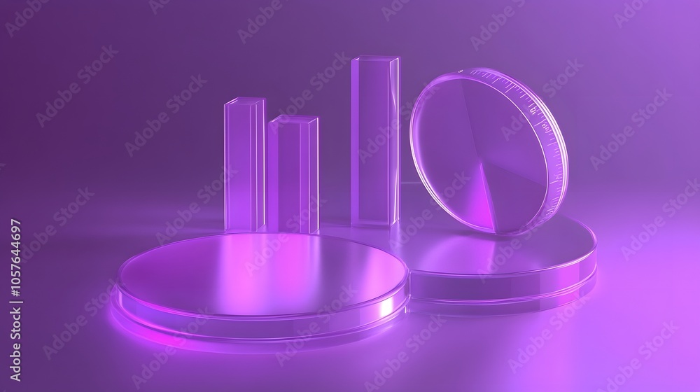 Poster cute isometric 3d image of 3d pie chart and bar chart in realistic metallic silver illuminated by ne