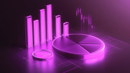 
Cute isometric 3D image of 3D pie chart and bar chart in realistic metallic silver illuminated by neon purple. add floating, transparent charts and circular measurement tools. ensure perfect shapes a