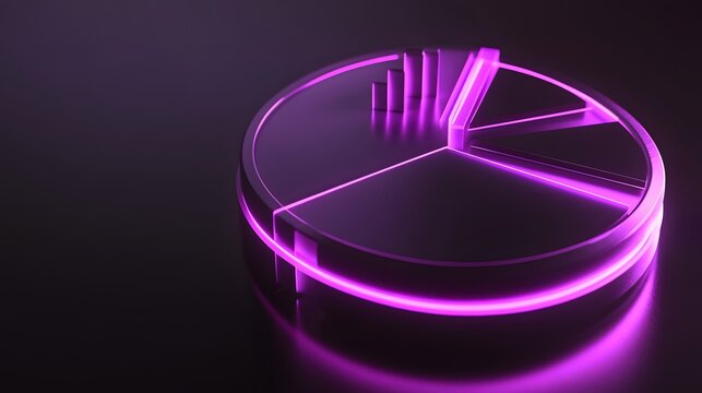 
Cute isometric 3D image of 3D pie chart and bar chart in realistic metallic silver illuminated by neon purple. add floating, transparent charts and circular measurement tools. ensure perfect shapes a