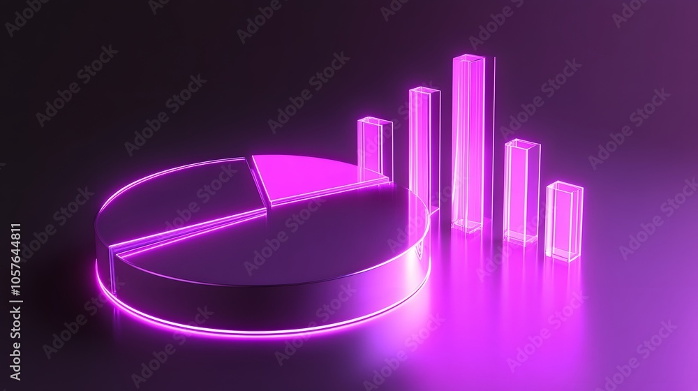 Aufkleber cute isometric 3d image of 3d pie chart and bar chart in realistic metallic silver illuminated by ne