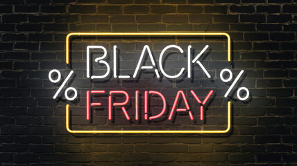 Neon Black Friday sale sign on dark brick wall for high-impact advertising and eye-catching retail promotion