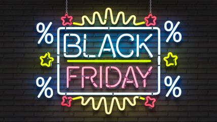 Vibrant neon Black Friday sign with colorful percentage symbols and decorative stars for energetic sale promotions
