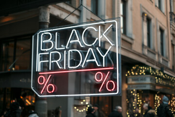 Sleek neon Black Friday sale sign with hanging glass frame for stylish urban holiday discounts