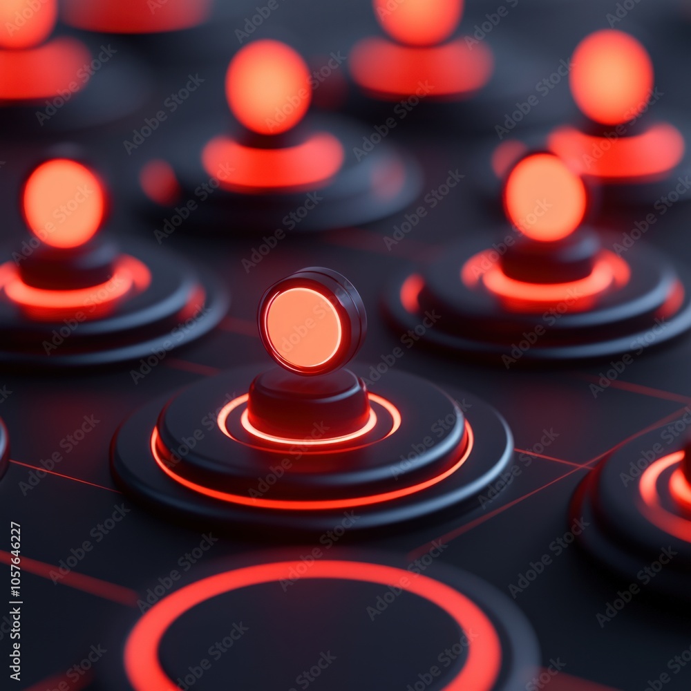Poster illuminated red circles on a dark surface creating a futuristic atmosphere