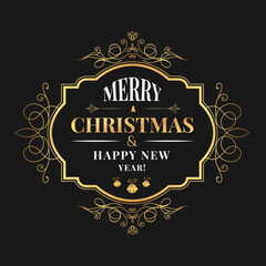 Merry Christmas and Happy New Year card, banner, cover design template with gold vintage calligraphic frame and typography on black background. Creative concept in trendy retro style.