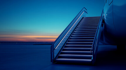 Fototapeta premium Airplane Boarding Steps at Sunset in Silhouette