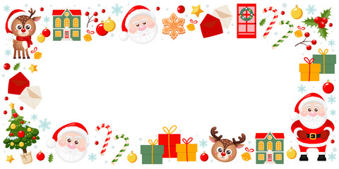 Merry Christmas frame with cute Santa Claus, reindeer, snowflakes, candy cane and copyspce. Vector illustration on white background.