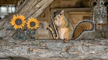 Naklejka premium Saxophone Squirrel: A squirrel leans against a tree trunk, saxophone cradled in its arms. Sunflowers bloom nearby, and the squirrel’s tail curls like a musical note. 