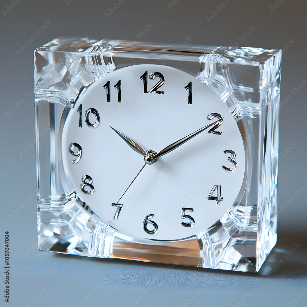 Poster crystal clear desk clock featuring simple white numbers on a modern workspace