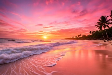 Golden pink sunrise over a tropical beach sky full of warm hues with gentle waves, AI Generated