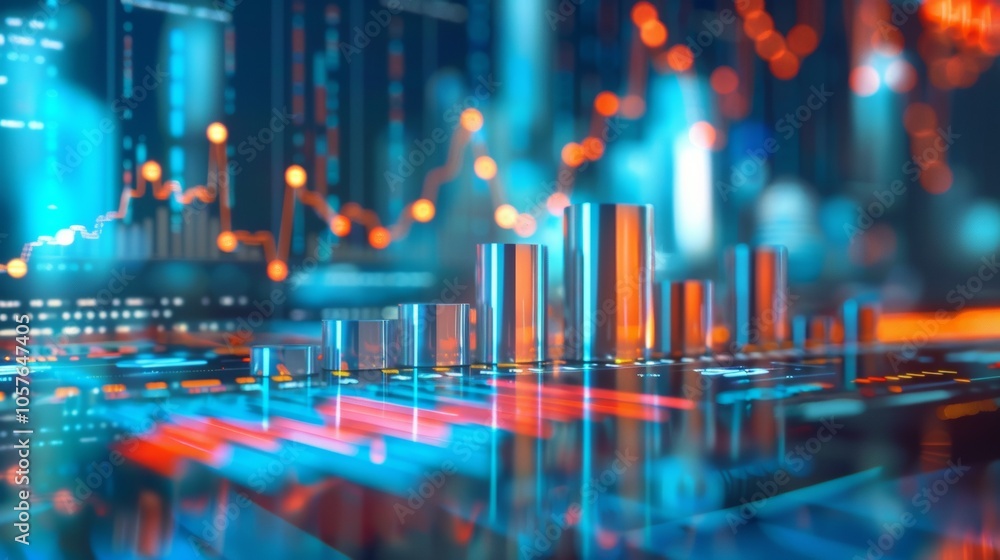 Poster abstract financial graph with glowing bar charts and data points