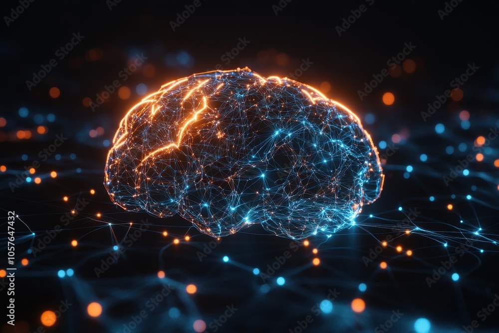 Poster a digital rendering of a human brain illuminated with interconnected glowing lines and nodes