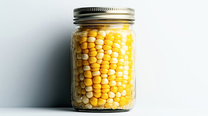 Glass jar filled with yellow and white corn kernels, with a metal lid, set against a plain white background.