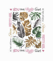 typography slogan with tropical exotic leaves in square frame vector illustration for fashion print