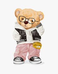 cute bear doll in fashion style and glasses vector illustration