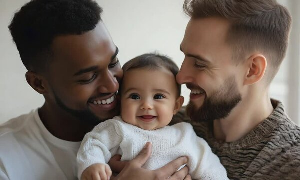 Joyful moments arise as a black man and a white man share smiles while cradling their adorable baby together. Laughter and warmth fill the scene, highlighting their bond and happiness