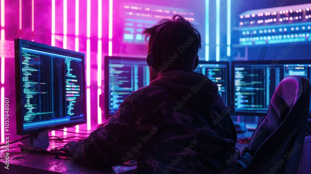 Poster person coding in a neon-lit workspace