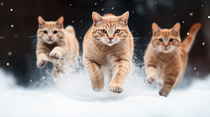 Three ginger cats running towards the camera through snow, with snowflakes in the air.