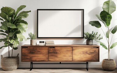 A refined 3D mockup render of a modern home interior with a black frame on a crisp white wall, accompanied by a wood sideboard and decorative plants. 