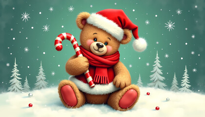 Cute Teddy Bear with Festive Smile Holding Candy Cane Against Snowy Winter Forest Background